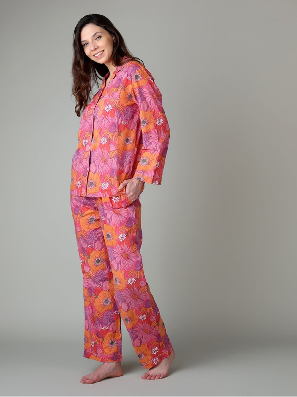 Hogan Floral Cotton Pajama Set - Pink & Orange